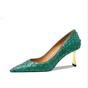 Snakeskin pattern pumps shoes women green 2023 autumn slip on new pointed toe stiletto high heels