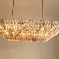 Lustre rectangulaire moderne en verre fumé à plusieurs niveaux, grande suspension linéaire pour salle à manger, rénovation de maison à concept ouvert