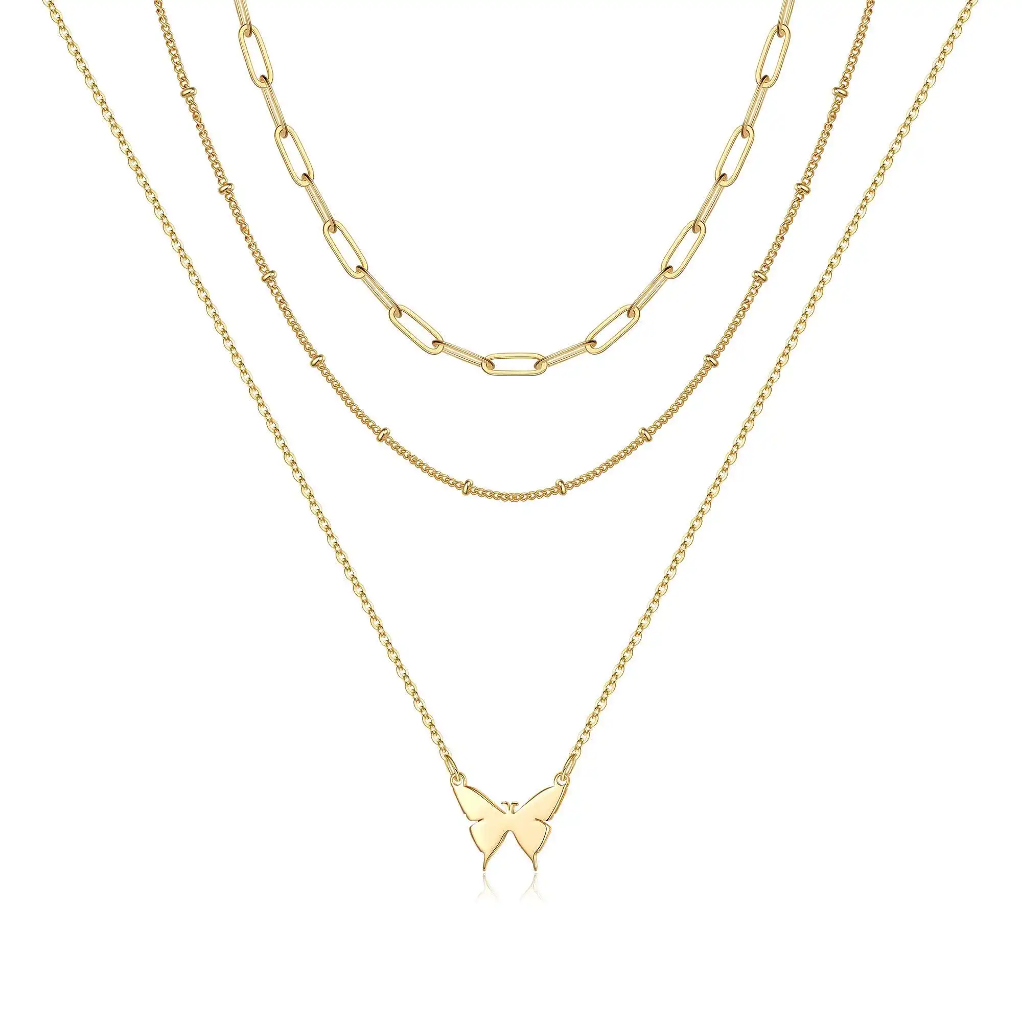 Original 925 Silver Fine Jewelry Fashion Design Layered Butterfly Pendant 14k Gold Plated Beaded 3 Layer Chain Necklace