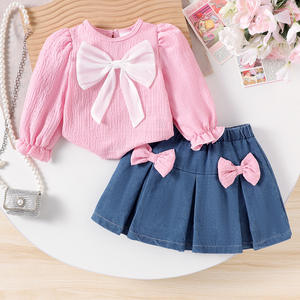 Per Amazon europa e America nuovo Set da ragazza rosa crêpe a maniche lunghe con fiocco e gonna in Denim per l'estate per la bella stagione - Product Image 6