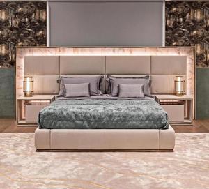 Cao cấp Ý sang trọng nhà phòng ngủ giường đồ nội thất thiết lập cơ sở thép không gỉ da bọc giường Vua Đầu giường với đá cẩm thạch - Product Image 1