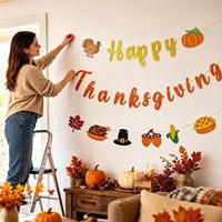 Décorations de fête Friendsgiving pour l'automne, bannière en carton durable et écologique avec paillettes, motifs dinde et citrouille, pour intérieur