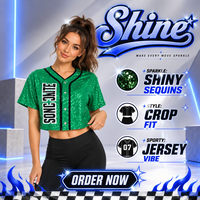 Maillot de baseball court personnalisé à sequins pour femme, à manches courtes, boutonné, uniforme de danse et de cheerleading, haut de performance