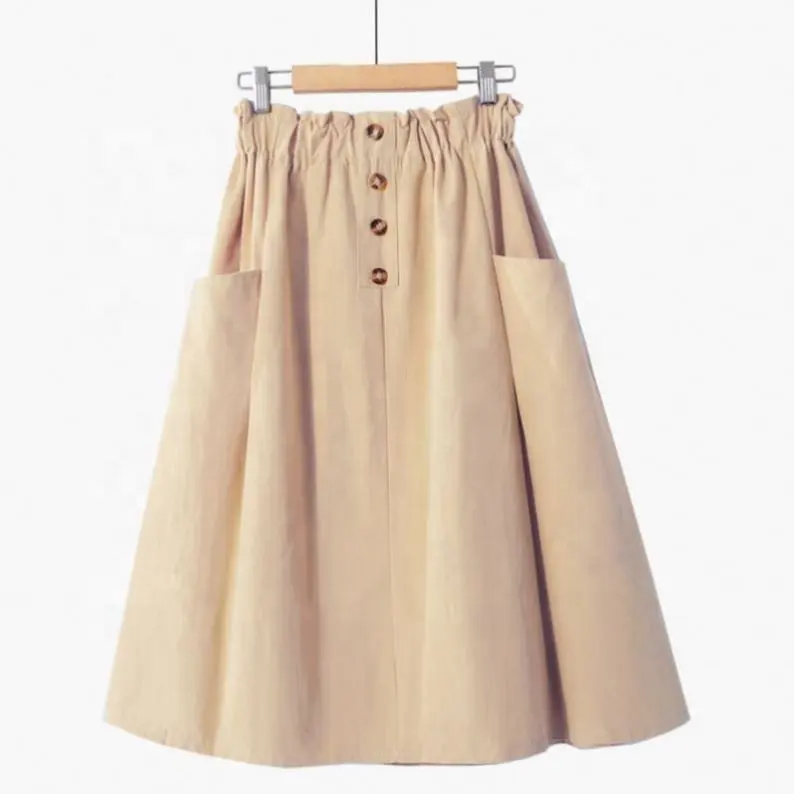 Oem Faldas Largas Wholesale Women Waist A-Line Pocket High Casual Skirt Vintage Solid Belted Pleated Skirts