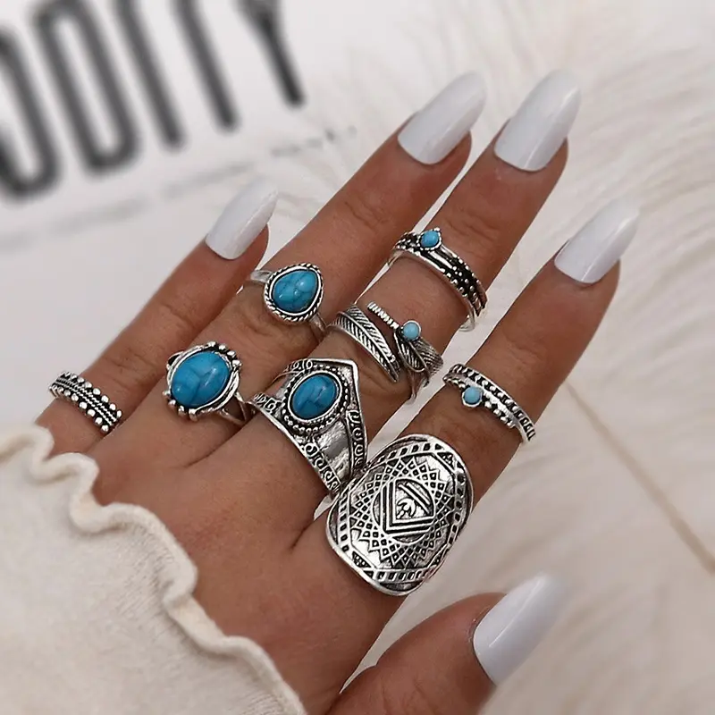 Anillos de luna de plumas talladas turquesa con incrustaciones de estilo étnico bohemio Retro para mujer, conjunto de anillos de combinación de moda, accesorio de joyería