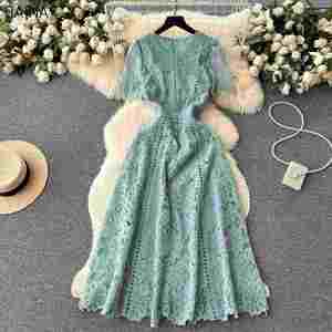 Nuevo Vestido Midi de Verano con Cuello Redondo, Casual, de Cintura Alta, con Encaje, Línea A, Elegante para Mujer - Product Image 2
