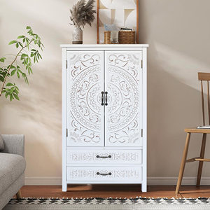 White Storage Cabinet 27'' Tall Accent Tower With Carved Doors And Drawers For Living Room Or Bedroom - Product Image 4