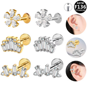 <b>Titanium</b> Plated Flower <b>Stud</b> Earrings F136 Internal Thread Zircon Ear Cartilage Jewelry Unisex Party Fashion Piercing - Product Image 1