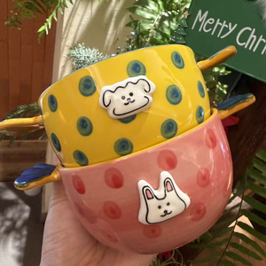 Three-dimensional Cartoon Ceramic Tableware Underglaze Color Hand-painted Cute Double-eared Bowl