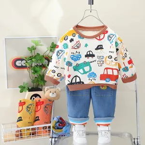 2024 Spring Fall Boutique Kids Clothes Long Sleeve Cartoon Cars Sport T Shirt Jeans Pants 2Pcs Boys Clothing Sets 34 Years