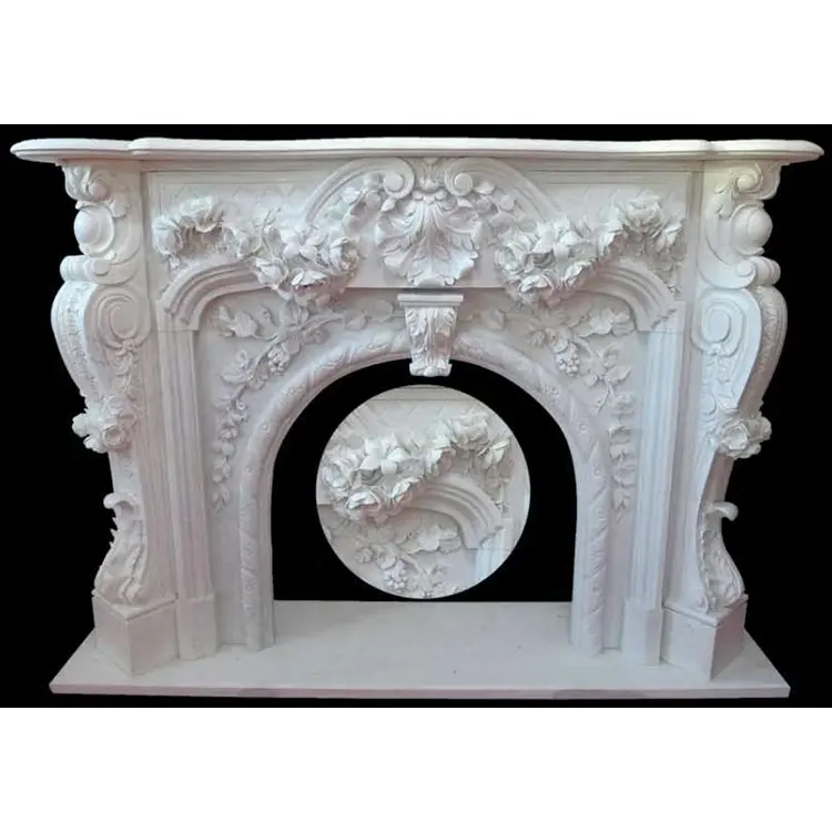 Mensola del camino di marmo di pietra bianca intagliata salone tradizionale su ordinazione