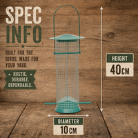 Mangeoire à oiseaux en cage longue en bronze/vertigrine avec dôme, tube central pour graines et poignée de suspension – Écologique et résistante à la rouille pour le jardin