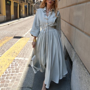 Vestido Camisero Maxi de Lino y Algodón con Cuello Camisero y Cintura Alta, Manga Tres Cuartos, Corte Holgado, Color Sólido, para Uso Diario Informal - Product Image 2