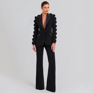 Manteau <span class=keywords><strong>de</strong></span> luxe noir à col en V et fleurs 3D pour femme, robe <span class=keywords><strong>de</strong></span> soirée <span class=keywords><strong>longue</strong></span> et pantalon droit, ensemble tailleur pour femme - Product Image 2