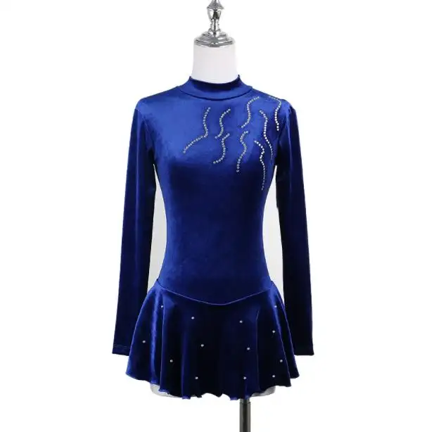Girl's Dance Dress Gradient Blue Gold Velvet Competition Performance Wear Ice Skating Dress