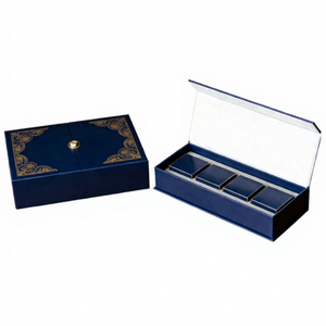 Boîte cadeau rigide bleue de luxe avec design en feuille d'or, fermeture magnétique, double porte, emballage en carton rectangulaire pour cadeaux haut de gamme - Product Image 3