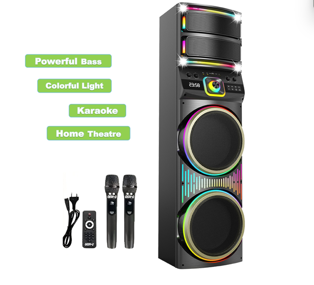 Portable Powerful Bass Aux Karaoke Speaker 1000W with /USB 2 Microphones RGB LED Wheels for Party DJ