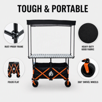 Chariot de camping pliable à quatre roues avec table réglable en hauteur, auvent et rangement pour courses, disponible en OEM