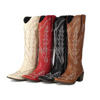 CHENO Bottes de cowboy occidentales pour femmes, à logo personnalisé, OEM, vente en gros, chic, vintage, broderie flamme rouge, bout pointu, hauteur genou