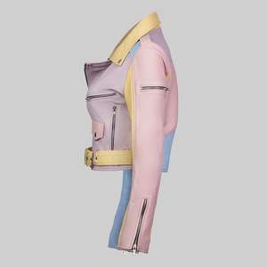 เสื้อแจ็คเก็ตหนังเทียมทรงครอปสีพาสเทลรุ้งสำหรับผู้หญิง ระบายอากาศได้ดี ปิดด้วยซิป ดีไซน์ทันสมัย เสื้อคลุมตัวสั้นสำหรับฤดูหนาว สวมใส่สบายๆ - Product Image 3