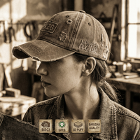 Casquette de papa rétro en coton délavé, effet vieilli, avec logo personnalisé YKZG, broderie Barudan 3D en relief 6 panneaux 3,0 mm, motif feuille déchirée