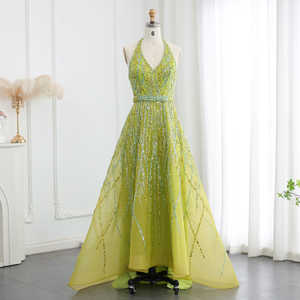 Abiti da Sera Arabi di Lusso <span class=keywords><strong>con</strong></span> Perline Verde Limone, Halter Asimmetrico, Abiti da Cerimonia per Donne di Dubai Lsz472-1 - Product Image 1