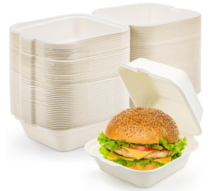 Caja Biodegradable Personalizada de 6x6 Pulgadas para Hamburguesas, Envase Desechable de Almidón de Maíz y Fibra de Caña de Azúcar para Comida Rápida - Product Image 1