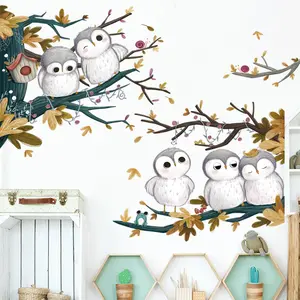 Adesivo de parede decorativo infantil, adesivo fofo de animal coruja e árvore de outono à prova d'água para decoração de quarto de infância e sala de infância