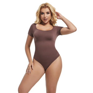 Бесшовный женский комбинезон-боди с коротким рукавом, дышащий, экологичный, на заказ (ODM/OEM), больших размеров, утягивающий, нейлон+спандекс - Product Image 4