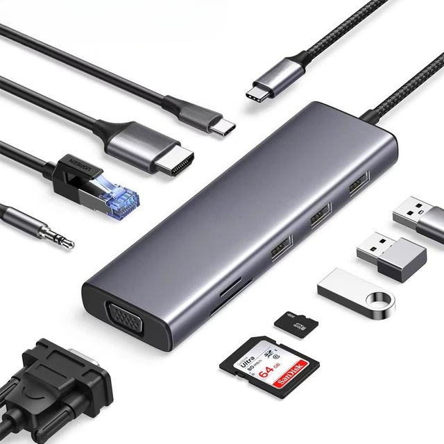 CM498 USB C Hub 10 in 1 Dongle with 4K- & VGA Dual Monitor 1Gbps Ethernet 100W PD 3 USB 3.0 Ports 3.5mm Audio Jack