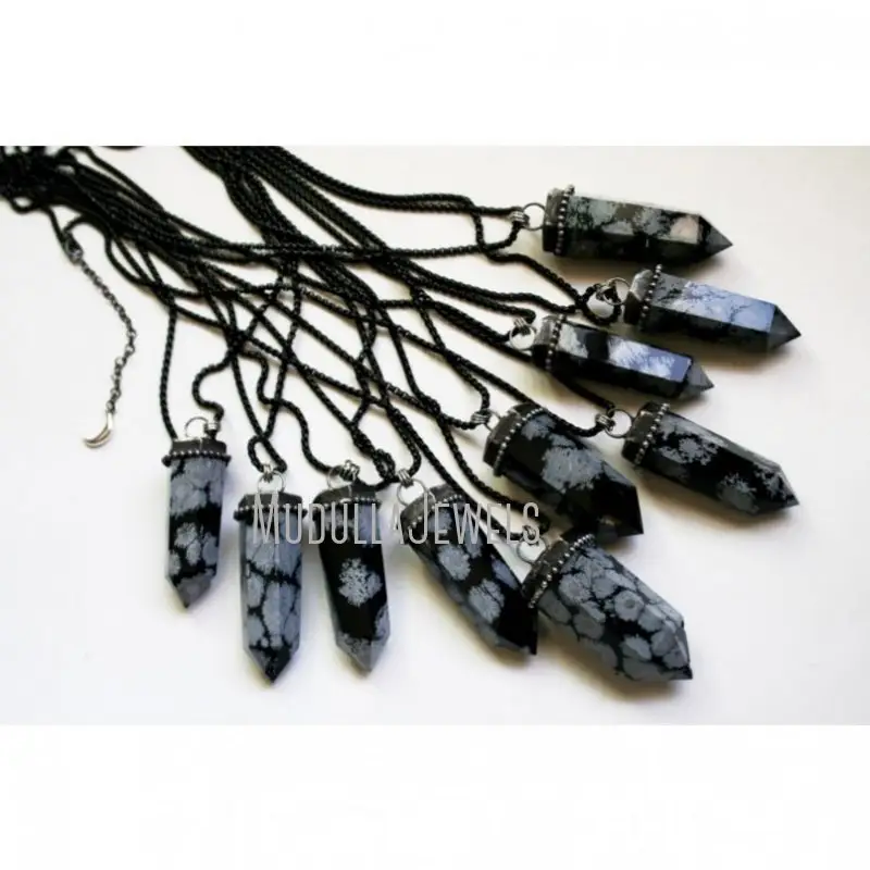 NM42101 Soldered Jewelry Natural Gemstone Snowflake Obsidian Tower Point Hexagonal Prism Necklace Antique Silver Plated