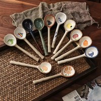 일본 빈티지 긴 손잡이 세라믹 스푼 홈 레스토랑 창조적 인 쌀 수프 스푼 커피 교반 막대 한국 스타일