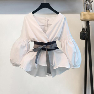 Camicia di moda con maniche a lanterna da donna stile coreano con fiocco a v a righe due pezzi Set da donna camicetta da donna <span class=keywords><strong>e</strong></span> pantaloni a gamba larga - Product Image 3