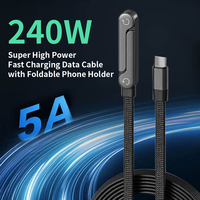 Kabel Charger USB-C ke USB-C Tahan Lama Bentuk T Baru 2026, Kabel Pengisi Daya dengan Penyangga Ponsel Lipat (Promo Penjualan)