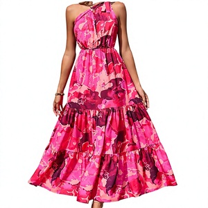 Halter Neck Floral Print Maxi <b>Dress</b> A-Line Sleeveless <b>Boho</b> <b>Summer</b> Chiffon Layered Ruffles Loose Fit Natural Waist Casual <b>Dress</b> - Product Image 3