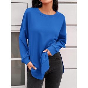 Fisoew Women's Crewneck Sweatshirt Long Sleeve Drop Shoulder Loose Fit With Pockets <b>Navy</b> Blue Casual <b>Top</b> - Product Image 5
