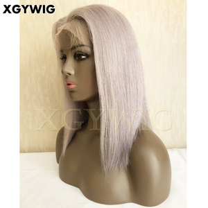 Stock 100% vierge Brésilienne cheveux réaliste délié naturel 12 pouces BOB <span class=keywords><strong>coupe</strong></span> Argent Couleur Droite sans colle dentelle avant perruque grise - Product Image 2