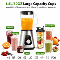 Blender de grande capacité 1,5 L/50 OZ, blender de comptoir en acier inoxydable avec 2 tasses pour jus, smoothie, milkshake, confiture, sans BPA
