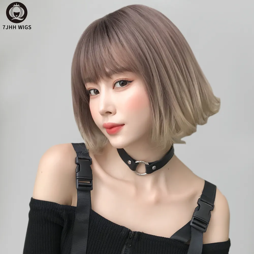 7JHHウィッグ卸売オンブルショートボブヘアウィッグベンダー韓国150% 180% 密度前髪付き人工毛コスプレボブウィッグ