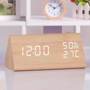 Design moderno de madeira Calendário Perpétuo Temperatura Umidade LED Voz Controlada Relógio Eletrônico