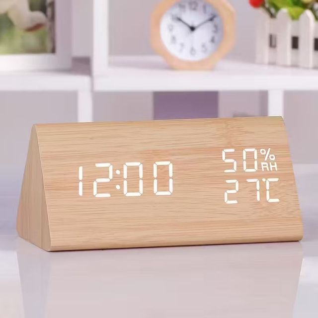 Modern Design Wooden Perpetual Calendar Temperature Humidity Display LED Voice Controlled Electronic Clock