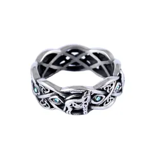 Custom Nordic Viking Design Vintage Emerald Green Gemstone Crystal Diamond Celtic Knot Fenrir Wolf Band Rings for Men Women