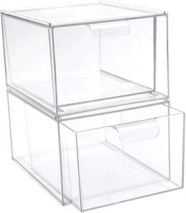 Paquete de 2 Cajas Organizadoras Apilables Rectangulares de PET Transparente para Escritorio, Oficina, Hogar, Artículos de Aseo - Product Image 1