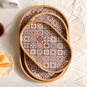 Ensemble de plateaux de service en bambou avec motif de carreaux floraux pour la maison, les collations, le thé, les fruits et le rangement - Product Image 3