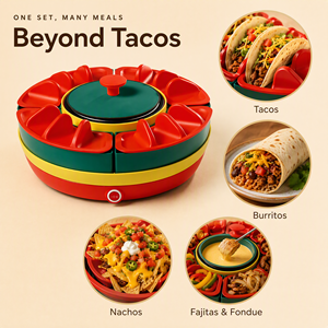 Kit de service pour fête Taco Tuesday, comprenant un réchaud de 30 oz, 4 supports à tacos et un plateau rotatif amovible, pour la préparation de tacos lors de <span class=keywords><strong>soir</strong></span>ées. - Product Image 3