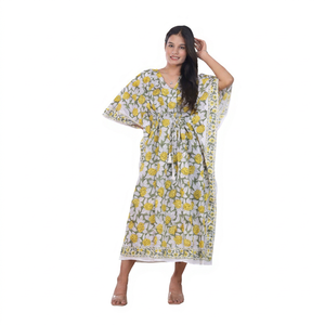 Vestido Kaftán de Algodón 100% con Estampado Floral Amarillo, Corte Regular para Mujer, Largo hasta la Rodilla, Manga Corta, Cuello en V, Transpirable, Formal para Invierno - Product Image 1