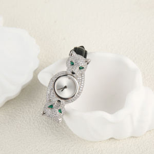 S925 jam tangan kuarsa klasik modis perak murni jam tangan kulit kuarsa macan tutul mengkilap zirkon untuk hadiah pesta wanita - Product Image 1