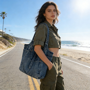 Bolso de Hombro Casual para Mujer, Bolso Ligero, Bolso de Compras a la Moda para Mujer, Diseño de Color Sólido con Material de Mezclilla Simple - Product Image 2