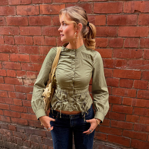 American Vintage Distressed Stand <b>Collar</b> Drawstring Waist Cinching Utility <b>Shirt</b> Elegant Flattering Button Puff Sleeve Top Women - Product Image 1