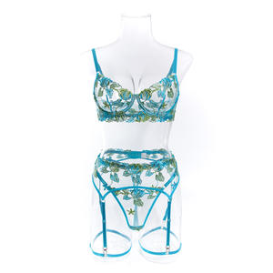 2025 Fabrik Blumen stickerei Strumpfband Blau 3 Stück Dessous Sets Durchsichtig Blumen Sexy Dessous Frauen - Product Image 3